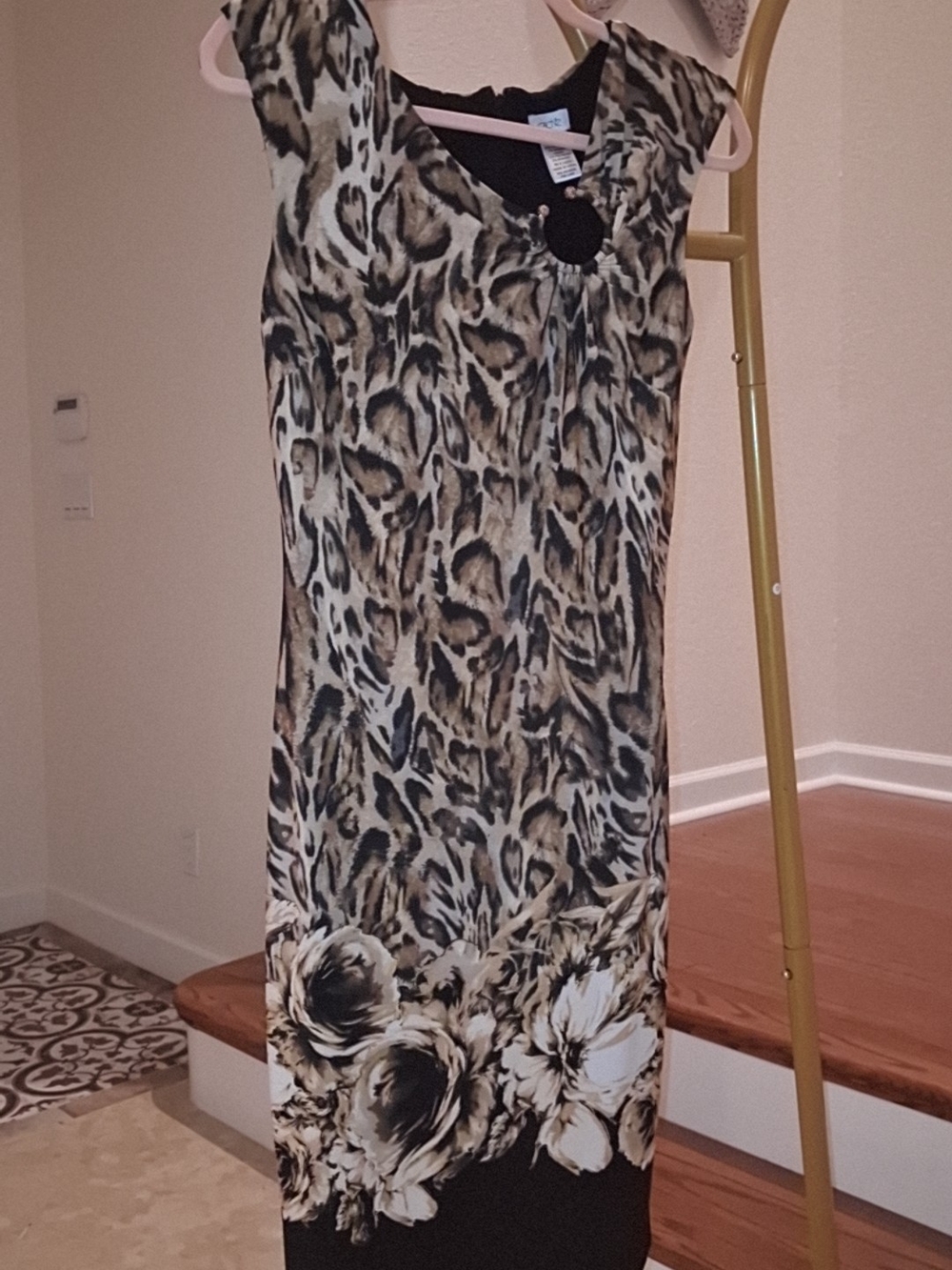 Cache Leopard Print Floral Border Sleeveless Dress in Black and Tan